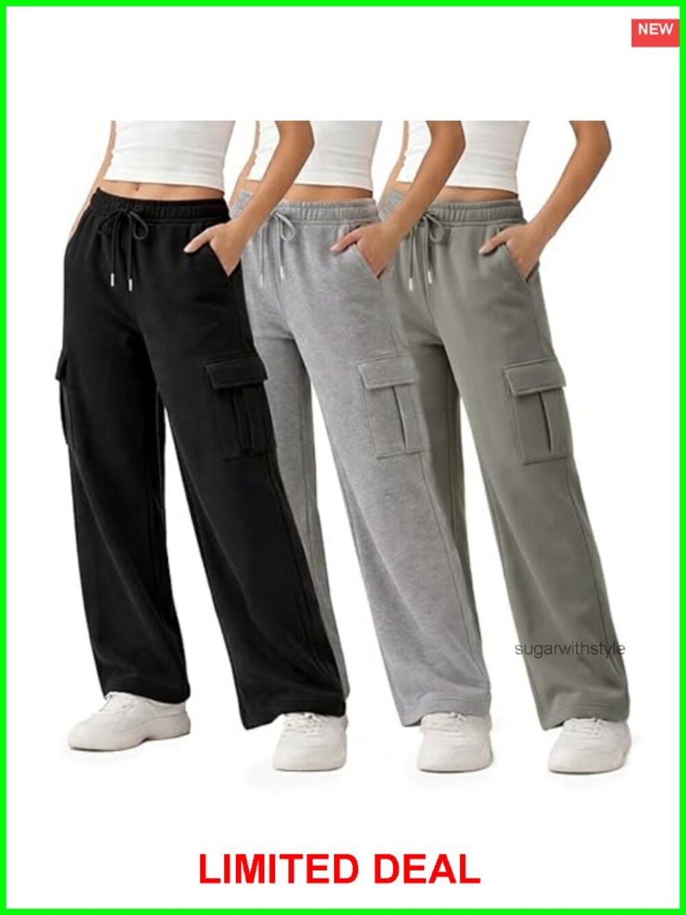 Wide Leg Cargo Fleece Sweatpants 3 Pack Pull On Mid Rise Lounge Pants